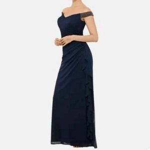 NEW Betsy & Adam Off Shoulder Dress Beaded Gown Ruching Celeb Style Event Prom